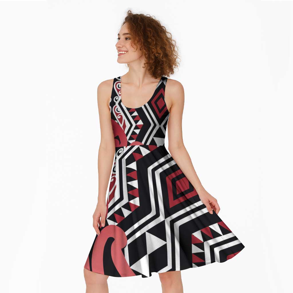 New Zealand Midi Dress Aotearoa Kowhaiwhai Mix Taniko Art - Red - Aussie Hoodie
