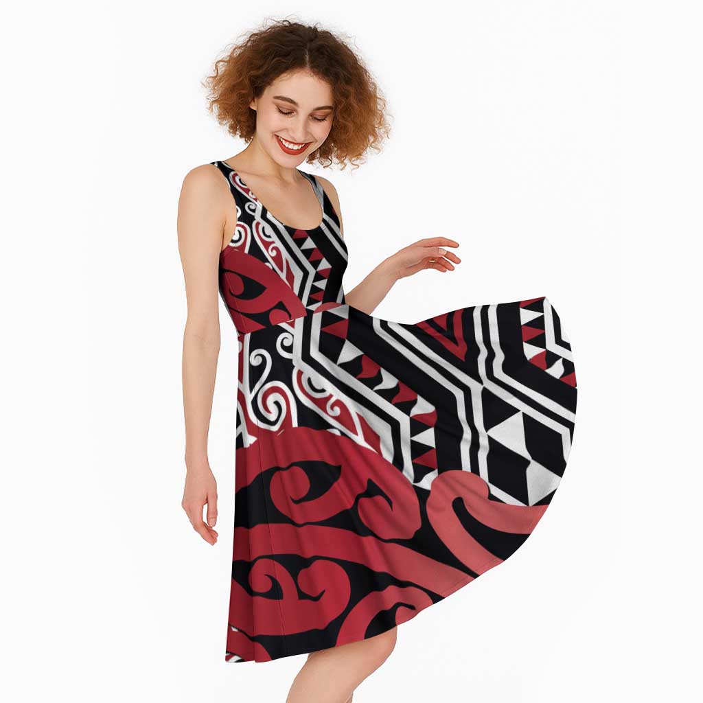 New Zealand Midi Dress Aotearoa Kowhaiwhai Mix Taniko Art - Red - Aussie Hoodie