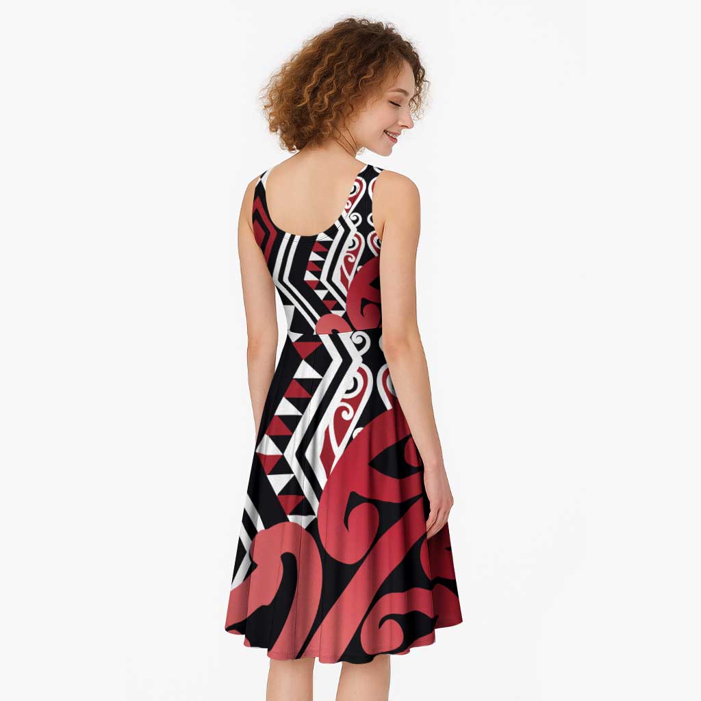 New Zealand Midi Dress Aotearoa Kowhaiwhai Mix Taniko Art - Red - Aussie Hoodie