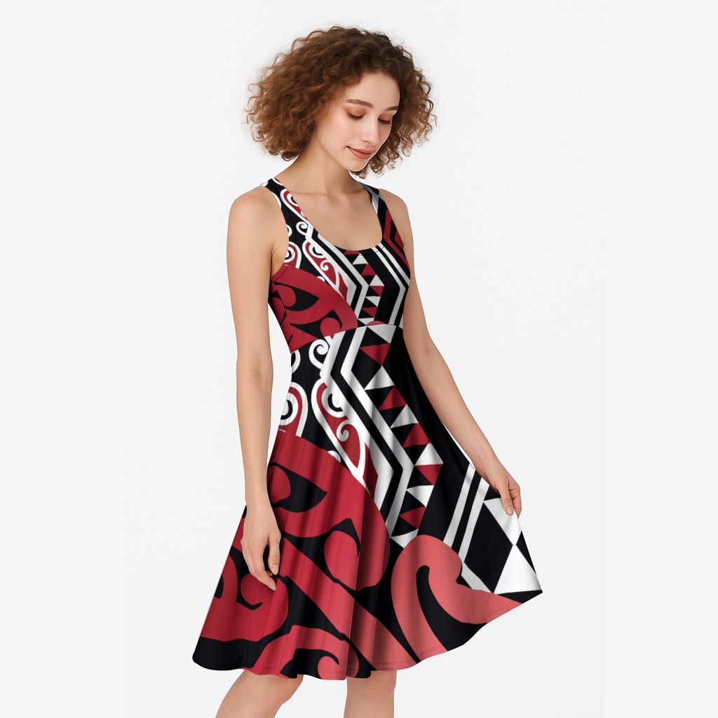 New Zealand Midi Dress Aotearoa Kowhaiwhai Mix Taniko Art - Red - Aussie Hoodie