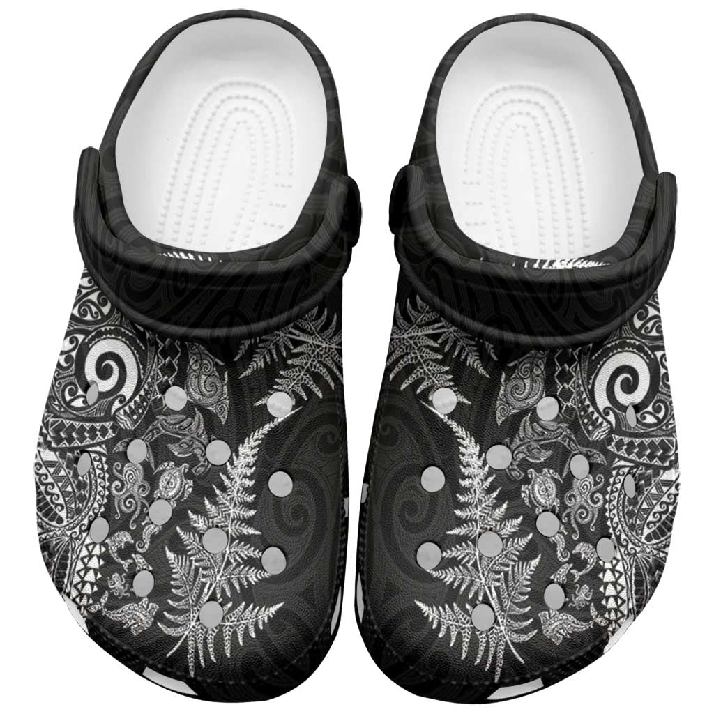 New Zealand Sea Animals Clogs Shoes with Maori Koru Tribal Tattoo and Silver Ferns Black Color