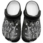 New Zealand Sea Animals Clogs Shoes with Maori Koru Tribal Tattoo and Silver Ferns Black Color