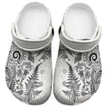 New Zealand Sea Animals Clogs Shoes with Maori Koru Tribal Tattoo and Silver Ferns White Color