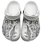 New Zealand Sea Animals Clogs Shoes with Maori Koru Tribal Tattoo and Silver Ferns White Color