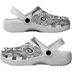 New Zealand Sea Animals Clogs Shoes with Maori Koru Tribal Tattoo and Silver Ferns White Color