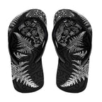 New Zealand Sea Animals Flip Flops with Maori Koru Tribal Tattoo and Silver Ferns Black Color