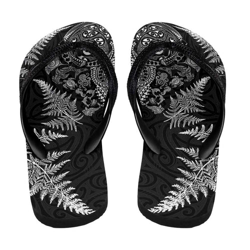 New Zealand Sea Animals Flip Flops with Maori Koru Tribal Tattoo and Silver Ferns Black Color