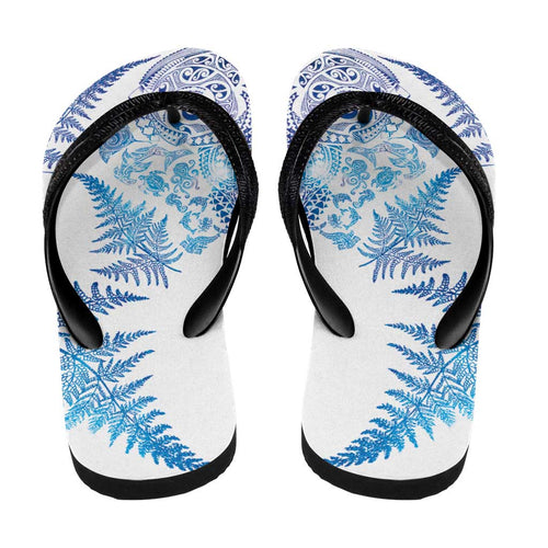 New Zealand Sea Animals Flip Flops with Maori Koru Tribal Tattoo and Silver Ferns Galaxy Style