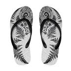 New Zealand Sea Animals Flip Flops with Maori Koru Tribal Tattoo and Silver Ferns White Color