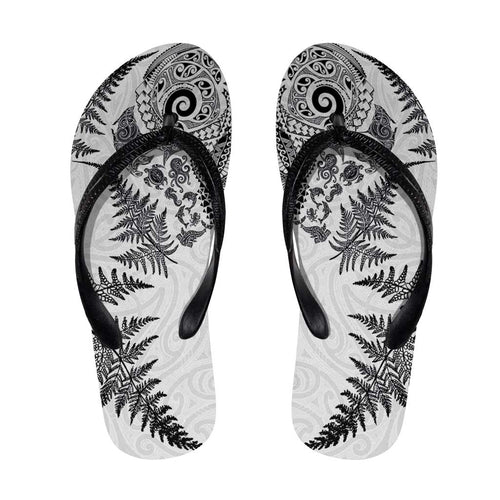 New Zealand Sea Animals Flip Flops with Maori Koru Tribal Tattoo and Silver Ferns White Color
