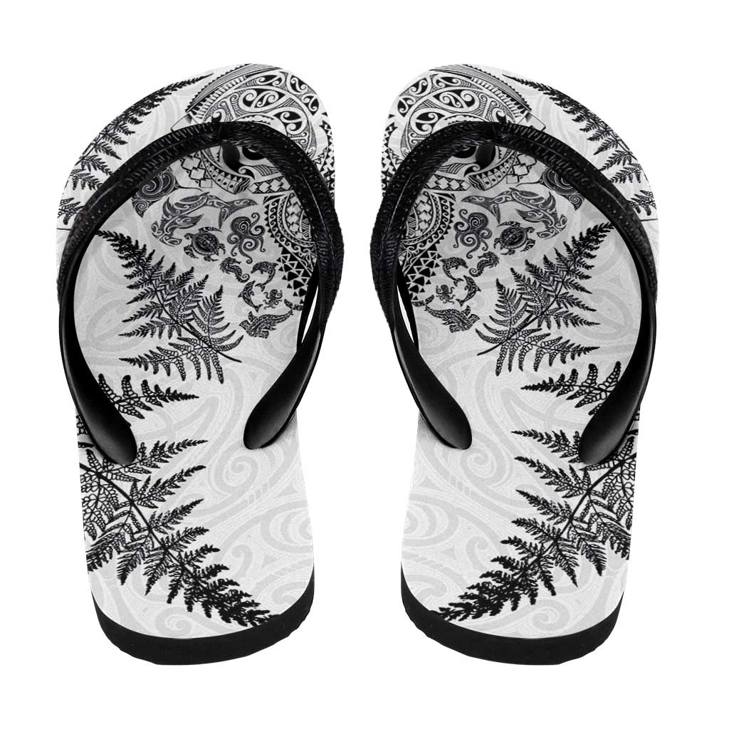 New Zealand Sea Animals Flip Flops with Maori Koru Tribal Tattoo and Silver Ferns White Color