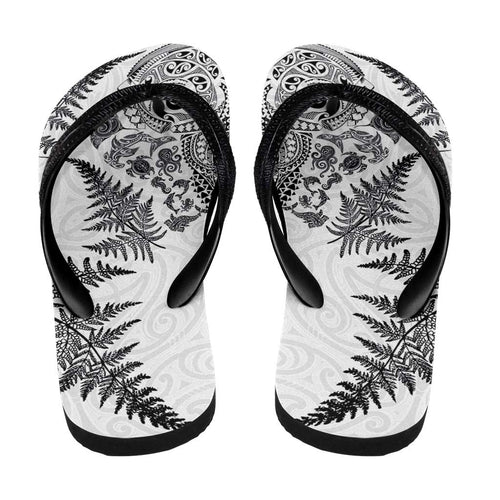 New Zealand Sea Animals Flip Flops with Maori Koru Tribal Tattoo and Silver Ferns White Color