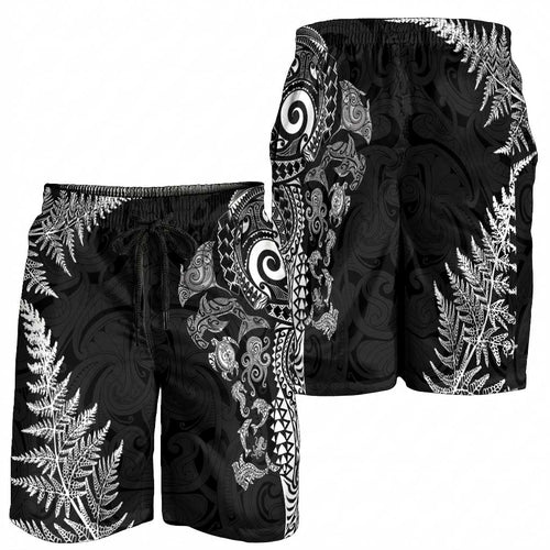 New Zealand Sea Animals Shorts for Men with Maori Koru Tribal Tattoo and Silver Ferns Black Color