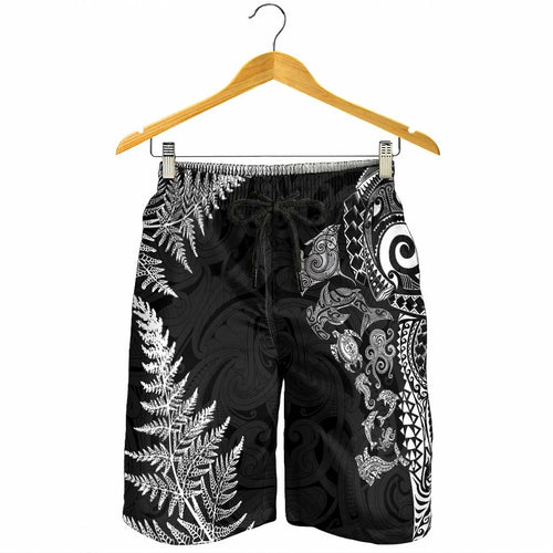 New Zealand Sea Animals Shorts for Men with Maori Koru Tribal Tattoo and Silver Ferns Black Color