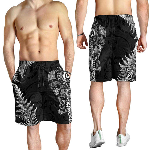 New Zealand Sea Animals Shorts for Men with Maori Koru Tribal Tattoo and Silver Ferns Black Color