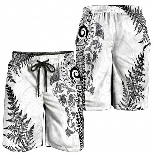New Zealand Sea Animals Shorts for Men with Maori Koru Tribal Tattoo and Silver Ferns White Color