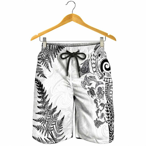 New Zealand Sea Animals Shorts for Men with Maori Koru Tribal Tattoo and Silver Ferns White Color