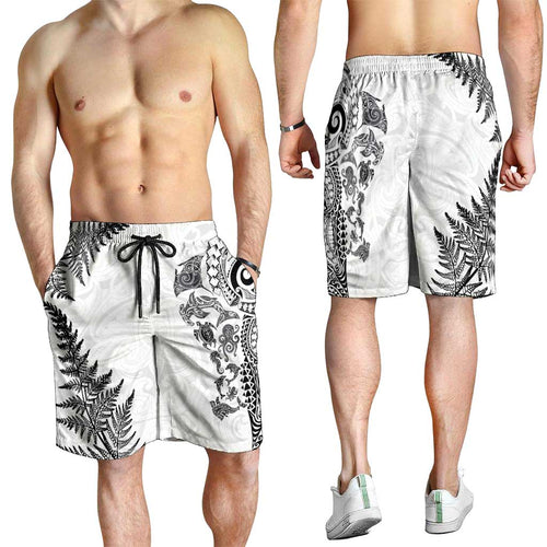 New Zealand Sea Animals Shorts for Men with Maori Koru Tribal Tattoo and Silver Ferns White Color