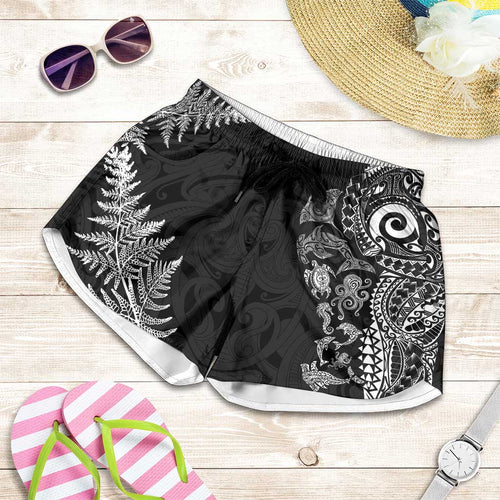 New Zealand Sea Animals Shorts for Women with Maori Koru Tribal Tattoo and Silver Ferns Black Color