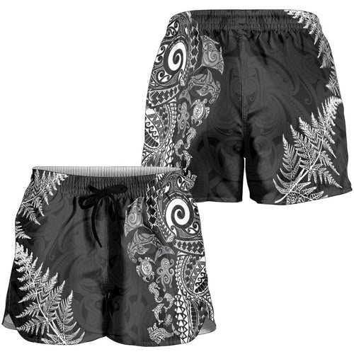 New Zealand Sea Animals Shorts for Women with Maori Koru Tribal Tattoo and Silver Ferns Black Color