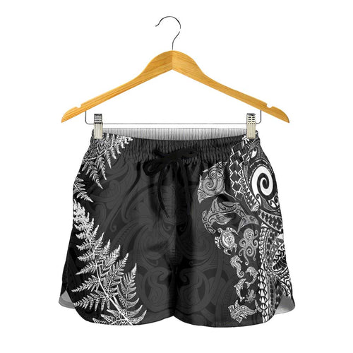 New Zealand Sea Animals Shorts for Women with Maori Koru Tribal Tattoo and Silver Ferns Black Color