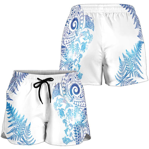 New Zealand Sea Animals Shorts for Women with Maori Koru Tribal Tattoo and Silver Ferns Galaxy Style