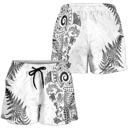 New Zealand Sea Animals Shorts for Women with Maori Koru Tribal Tattoo and Silver Ferns White Color