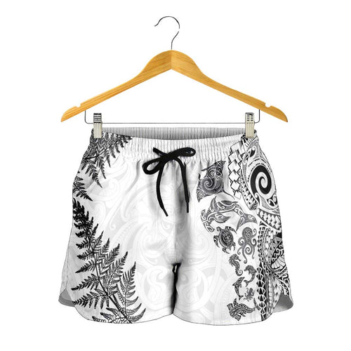 New Zealand Sea Animals Shorts for Women with Maori Koru Tribal Tattoo and Silver Ferns White Color