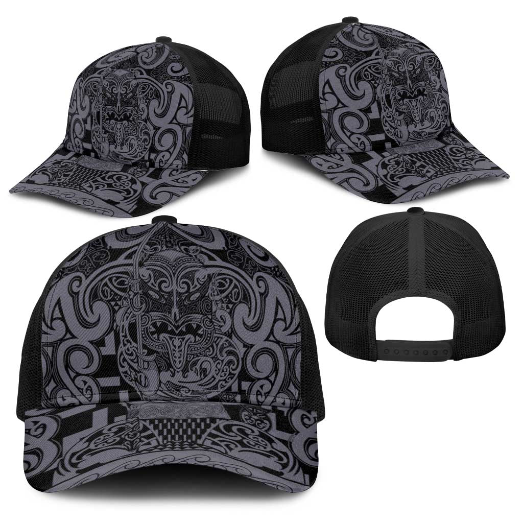 New Zealand Taiaha Maori Baseball Net Cap Minimalist Silver Fern All Black - Aussie Hoodie