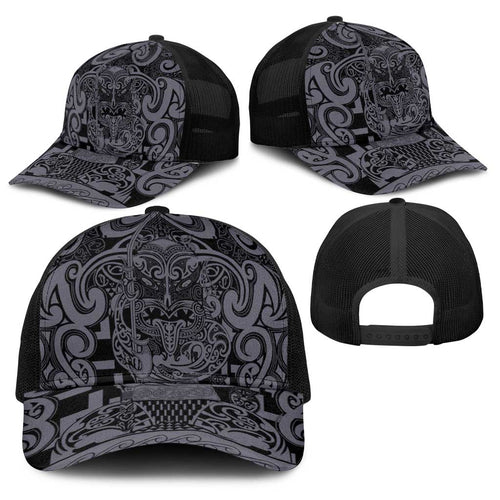New Zealand Taiaha Maori Baseball Net Cap Minimalist Silver Fern All Black - Aussie Hoodie