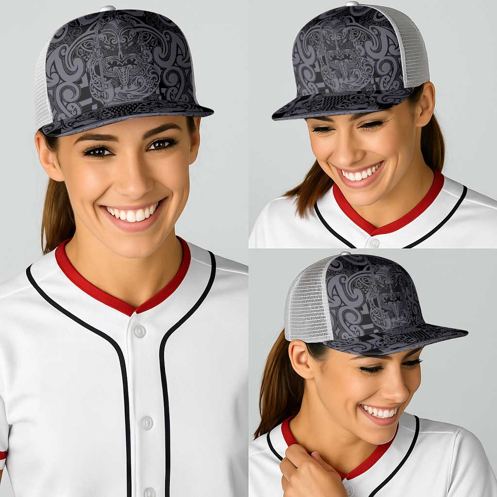 New Zealand Taiaha Maori Baseball Net Cap Minimalist Silver Fern All Black - Aussie Hoodie