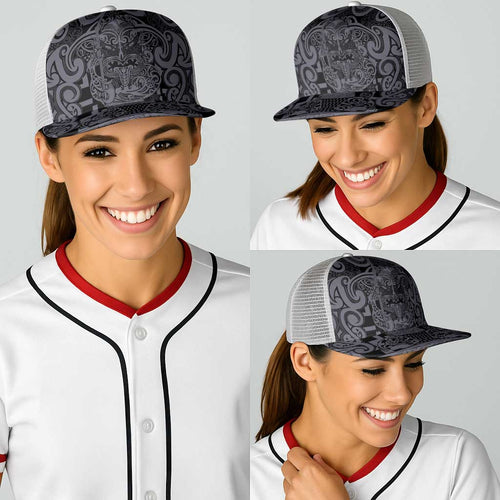 New Zealand Taiaha Maori Baseball Net Cap Minimalist Silver Fern All Black - Aussie Hoodie