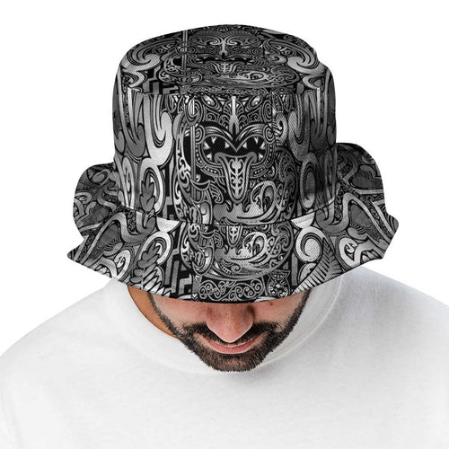 New Zealand Taiaha Maori Bucket Hat Kiwikiwi Minimalist Silver Fern Tukutuku Motif
