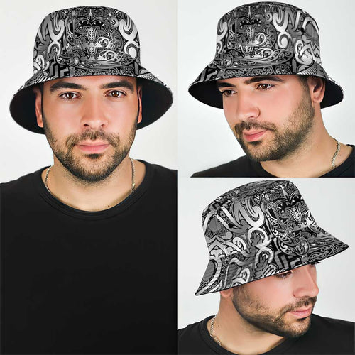 New Zealand Taiaha Maori Bucket Hat Kiwikiwi Minimalist Silver Fern Tukutuku Motif