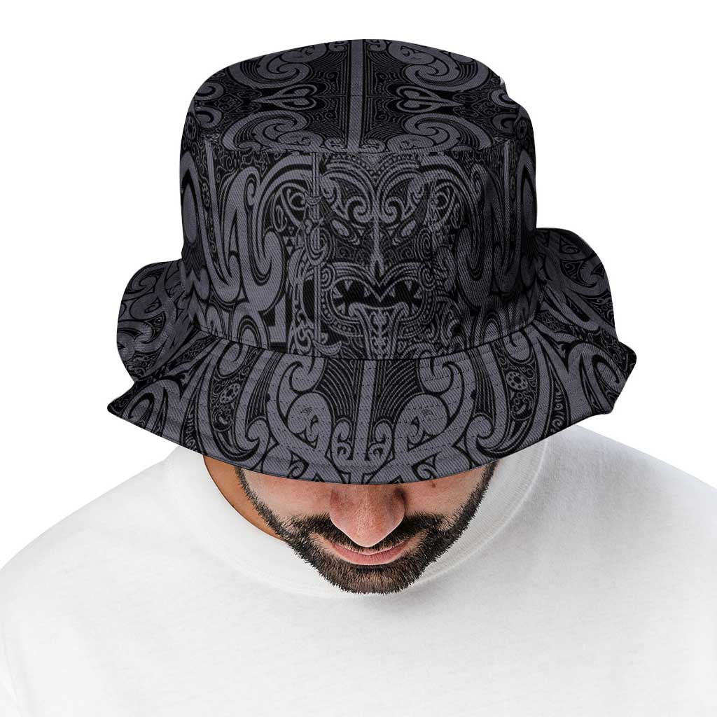 New Zealand Taiaha Maori Bucket Hat Minimalist Silver Fern All Black LT09