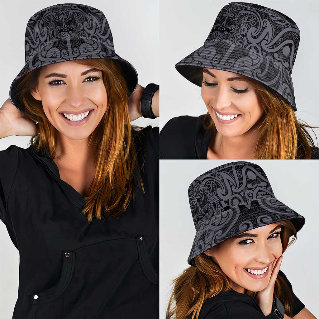 New Zealand Taiaha Maori Bucket Hat Minimalist Silver Fern All Black LT09