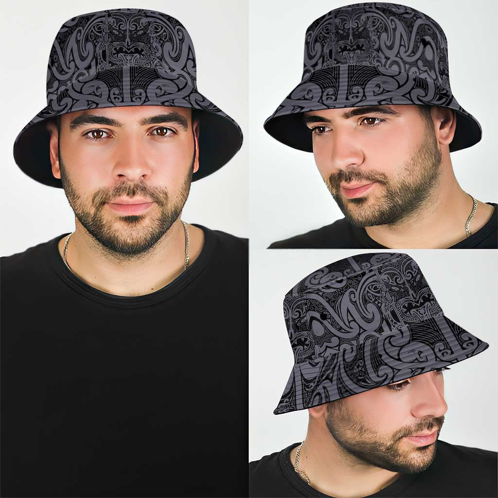 New Zealand Taiaha Maori Bucket Hat Minimalist Silver Fern All Black LT09