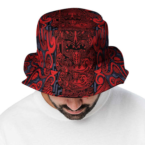 New Zealand Taiaha Maori Bucket Hat Whero Minimalist Silver Fern Tukutuku Motif