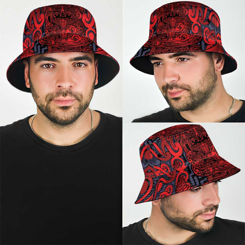 New Zealand Taiaha Maori Bucket Hat Whero Minimalist Silver Fern Tukutuku Motif