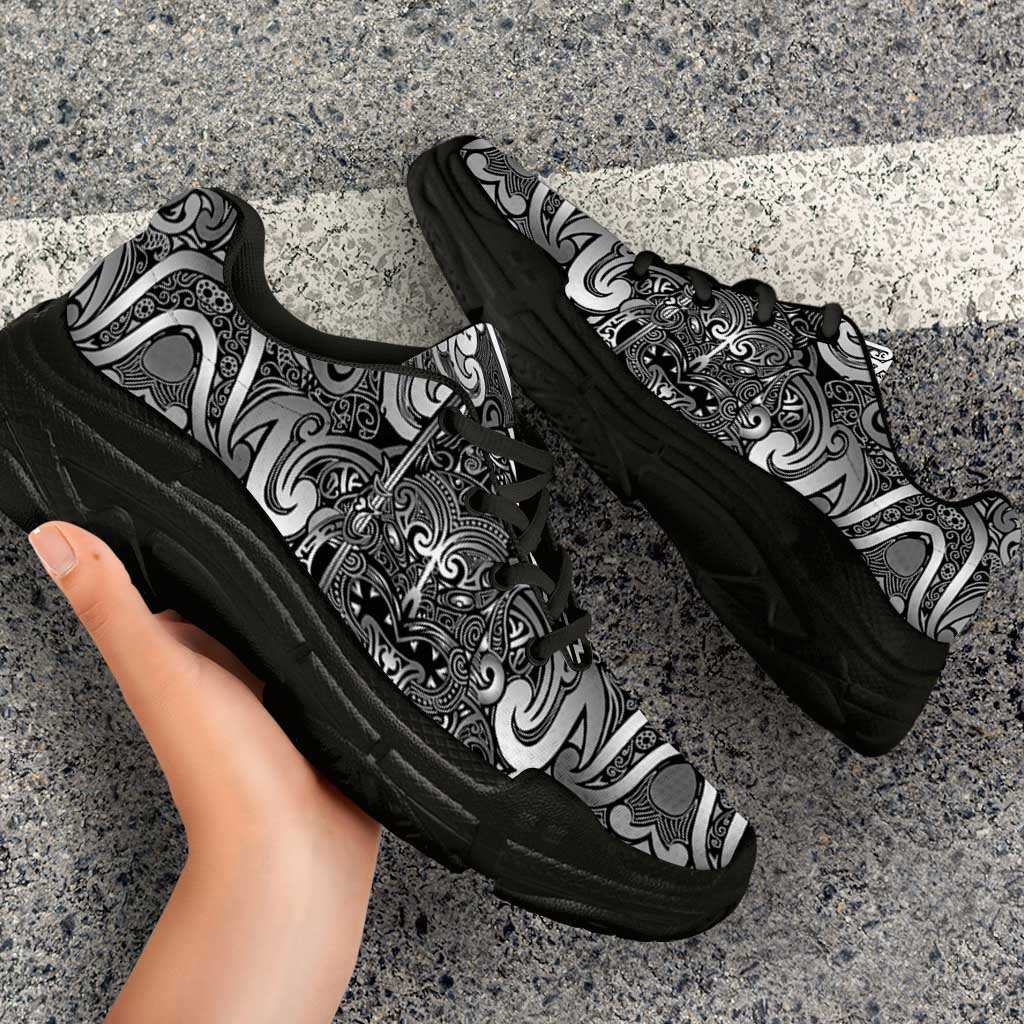 New Zealand Taiaha Maori Chunky Sneakers Kiwikiwi Minimalist Silver Fern Tukutuku Motif