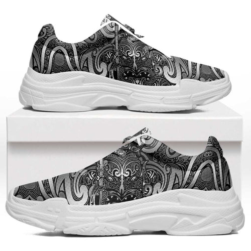 New Zealand Taiaha Maori Chunky Sneakers Kiwikiwi Minimalist Silver Fern Tukutuku Motif