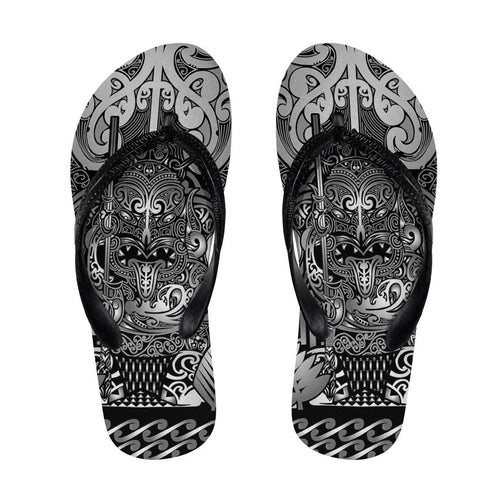 New Zealand Taiaha Maori Flip Flops Kiwikiwi Minimalist Silver Fern Tukutuku Motif