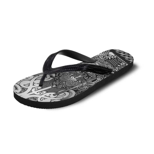 New Zealand Taiaha Maori Flip Flops Kiwikiwi Minimalist Silver Fern Tukutuku Motif