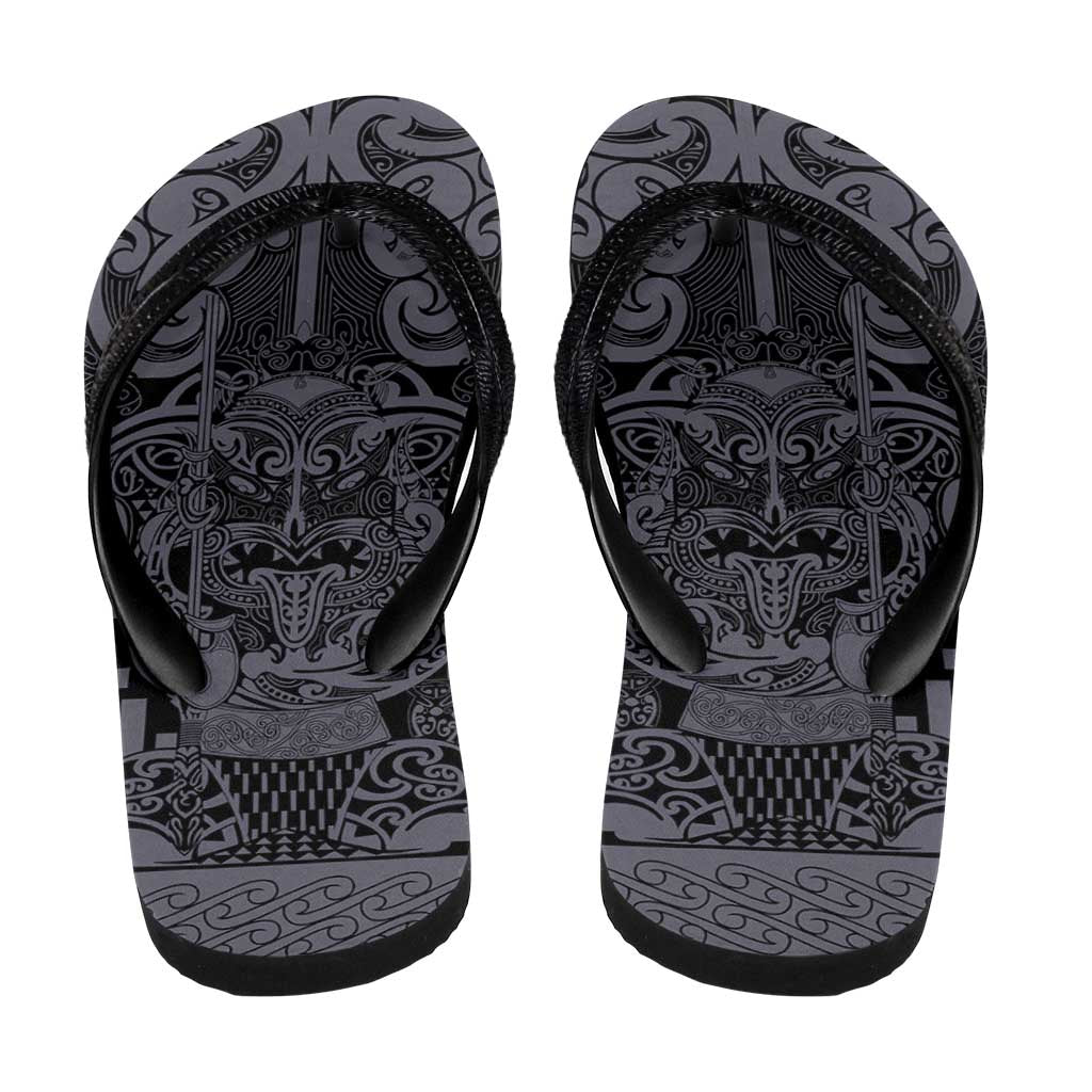 New Zealand Taiaha Maori Flip Flops Minimalist Silver Fern All Black - Aussie Hoodie