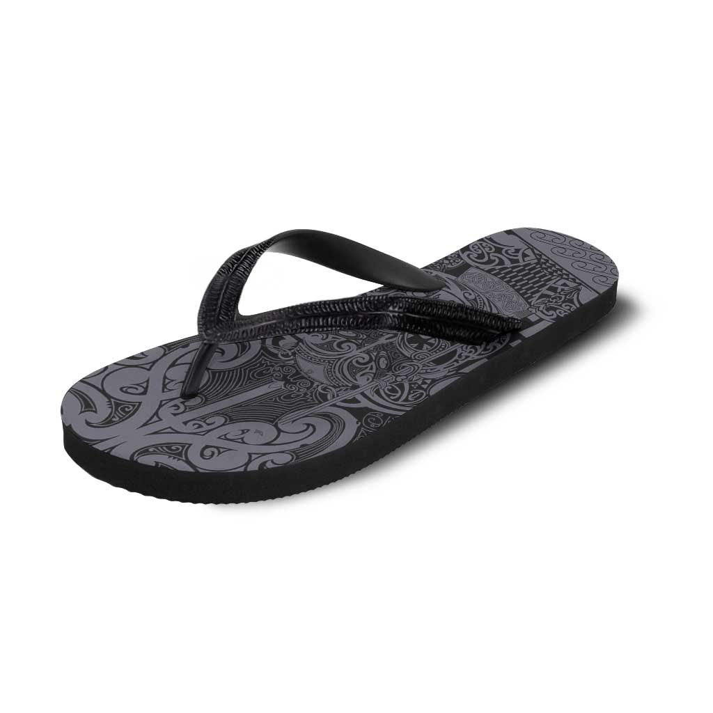 New Zealand Taiaha Maori Flip Flops Minimalist Silver Fern All Black - Aussie Hoodie