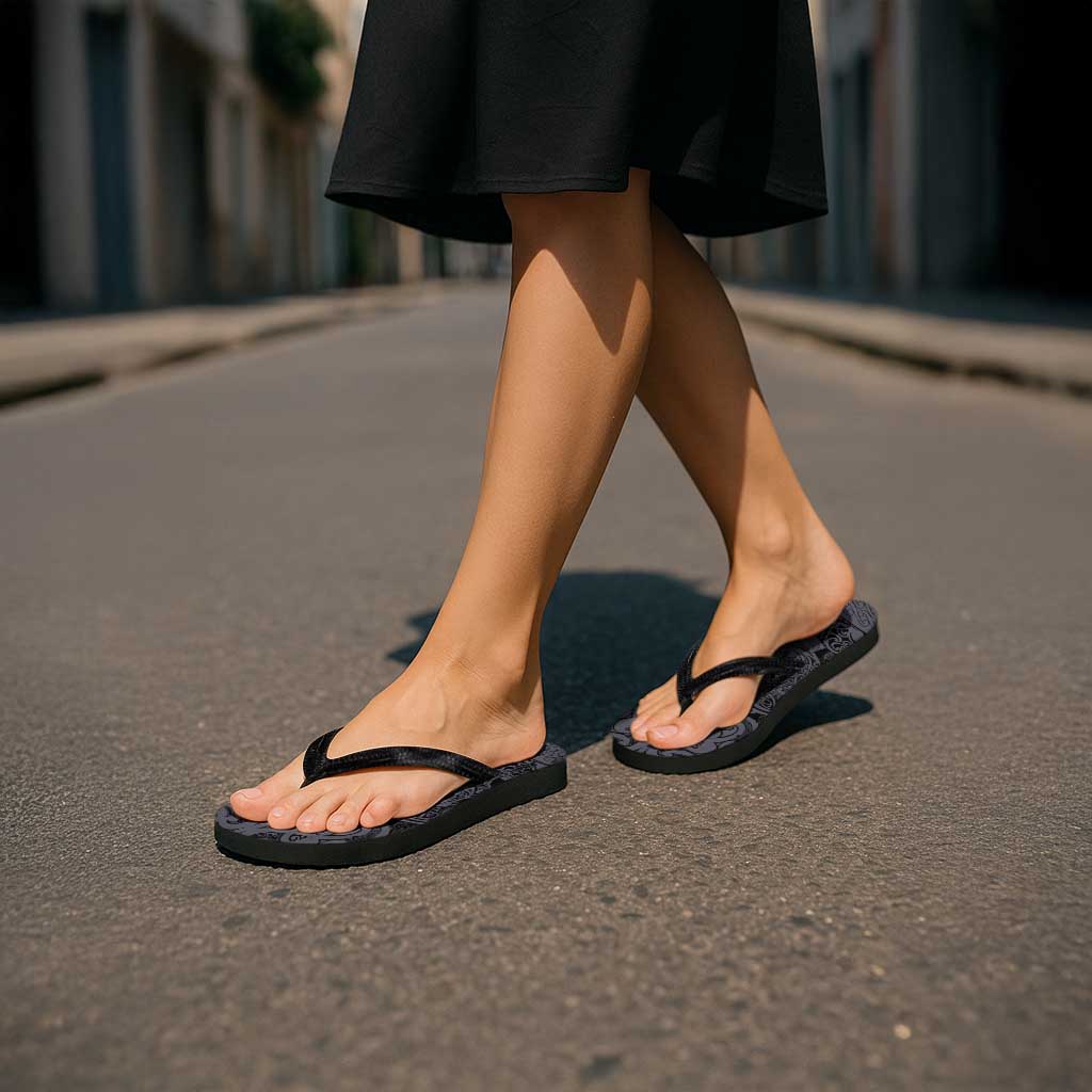 New Zealand Taiaha Maori Flip Flops Minimalist Silver Fern All Black - Aussie Hoodie