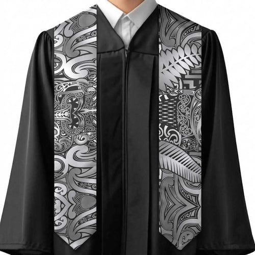 New Zealand Taiaha Maori Graduation Stole Kiwikiwi Minimalist Silver Fern Tukutuku Motif