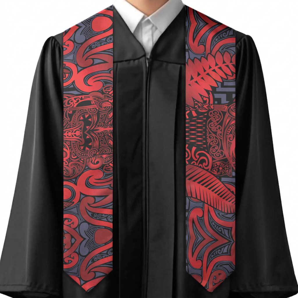 New Zealand Taiaha Maori Graduation Stole Whero Minimalist Silver Fern Tukutuku Motif