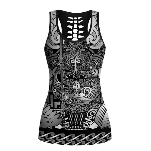 New Zealand Taiaha Maori Hollow Tank Top Kiwikiwi Minimalist Silver Fern Tukutuku Motif