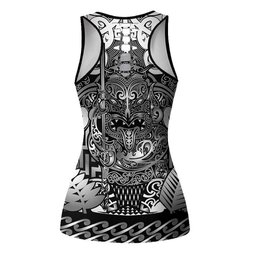New Zealand Taiaha Maori Hollow Tank Top Kiwikiwi Minimalist Silver Fern Tukutuku Motif
